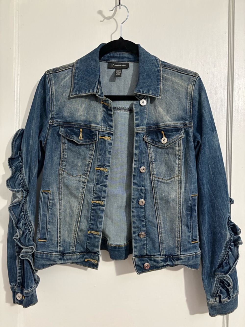 INC International Concepts Distressed Blue Denim Jacket with Ruched Sleeves